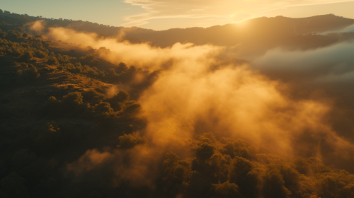 Cinematic Scene with Mountains, Clouds, and Trees