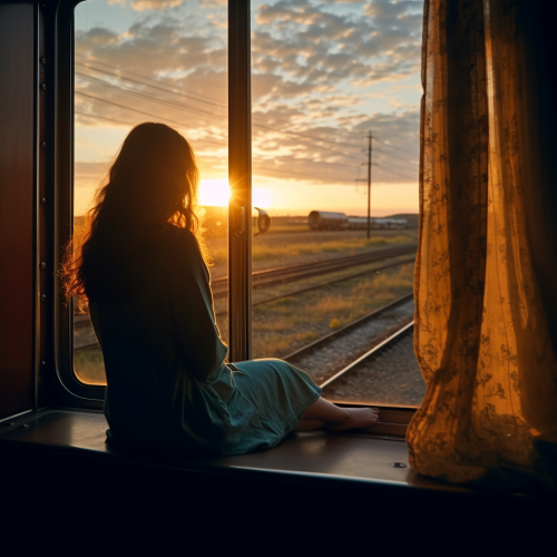 Beautiful woman watching train by window