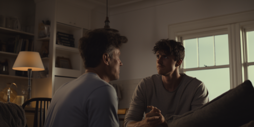 Middle-aged man talking to young men