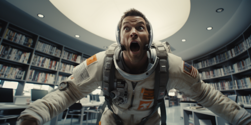 Astronaut yelling at library in cinematic scene