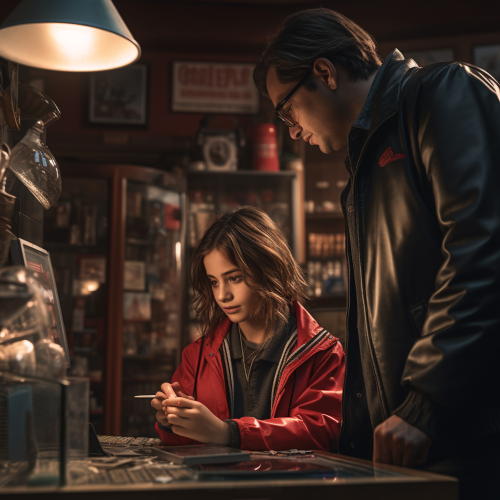 girl in pawn shop handing over password