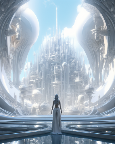 Gigantic white statues in circular hall