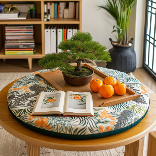 circular kotatsu pretty patterns pine bonsai tangerines
