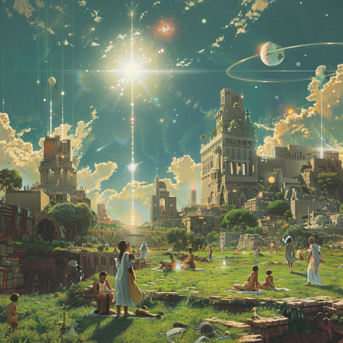 Sun shining on citizens and buildings