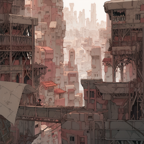 Colorful cityscape with unique brick structures