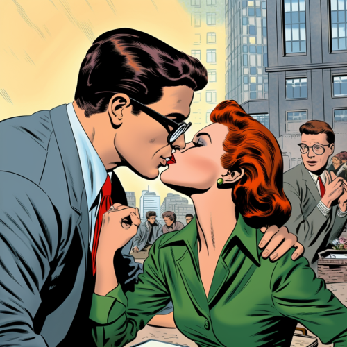 Clark Kent kissing Jimmy Olsen as Lois Lane faints