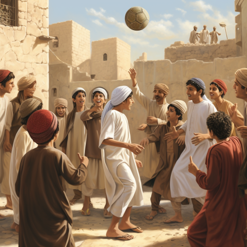 Cartoon Muslim Boy Playing Ball with Friends