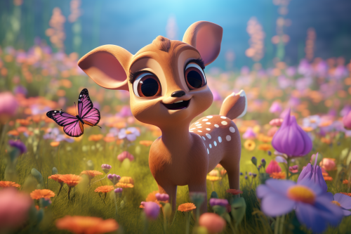 Clay Animation Style Fawn with Butterflies and Flower Field Image