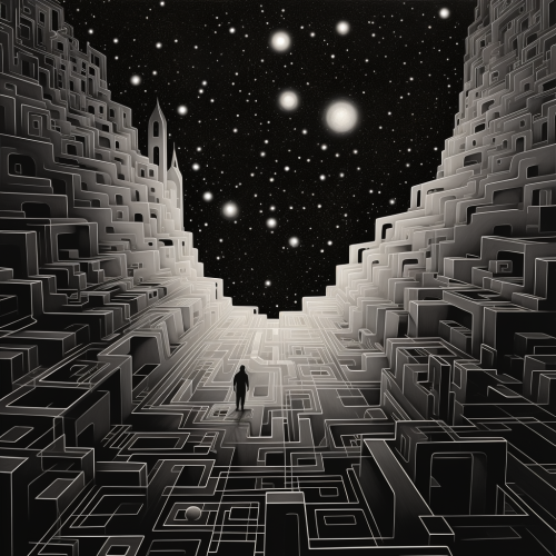 Minimalistic black and white hand-drawn universe space illustration