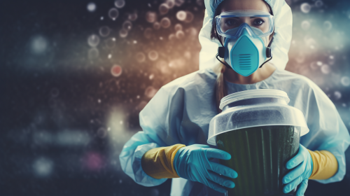 Cleaning woman holding bucket of chemicals in building