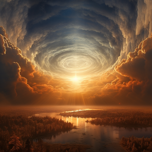 Clear autumn sky with bronze arm pointing towards people Clear autumn sky with bronze arm pointing towards people