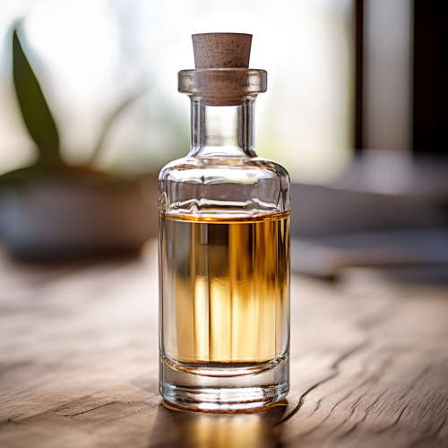 Clear bottle of organic essential oil