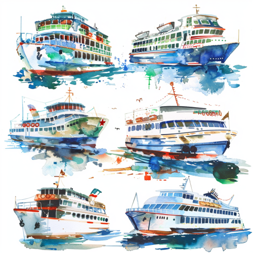 Ferry boats clipart watercolor set