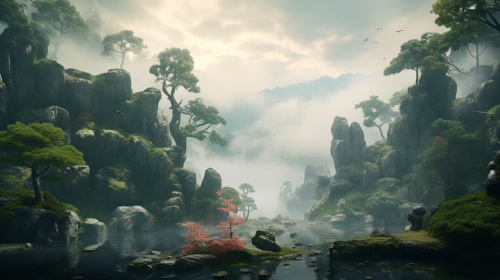 Scenic Japanese Garden in the Clouds