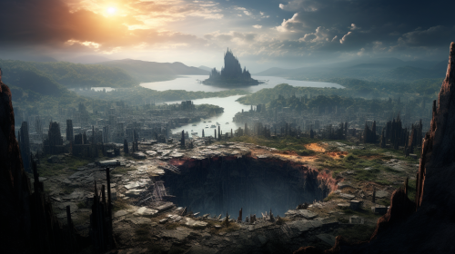 Realistic fantasy coastal city on an asteroid