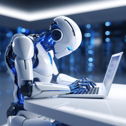 Minimal white room with cobalt blue robot