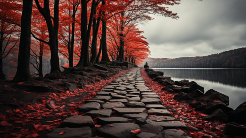 Beautiful cobblestone path around mountain lake