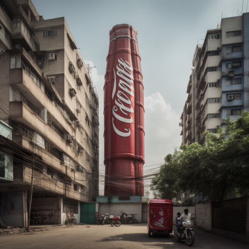 Massive Coca Cola bottle towering over New Delhi streets