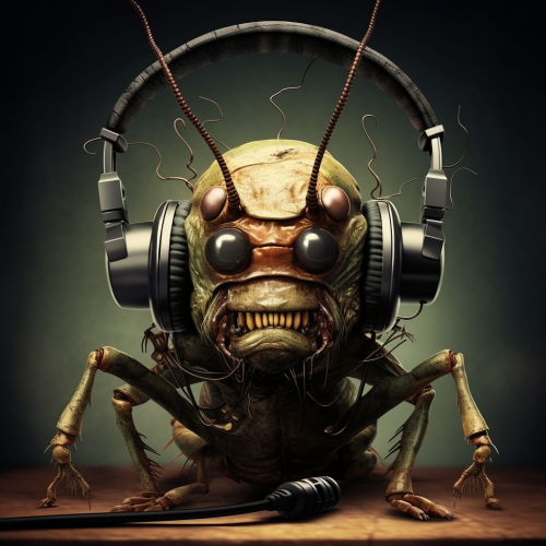 Cockroach wearing headphones in Tim Burton style