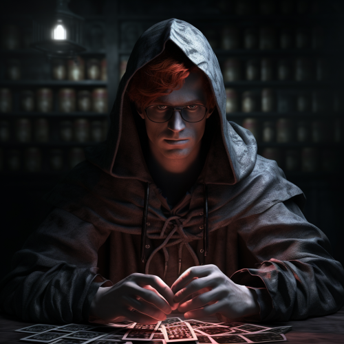 Cocky nerdy mage holding glowing playing cards