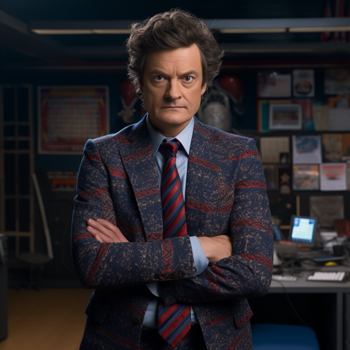 Colin Firth in Spider-Man Costume with Grey Blazer and Wig Colin Firth in Spider-Man Costume with Grey Blazer and Wig