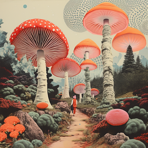 Beautiful collagecore mushrooms in nature