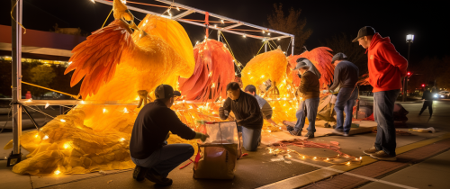 College fraternity students building homecoming float