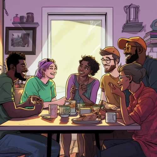 Cartoon image of diverse college friends in kitchen