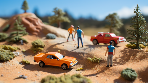 Two college students racing toy cars on a hill .