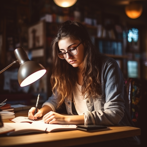 College student writing in library