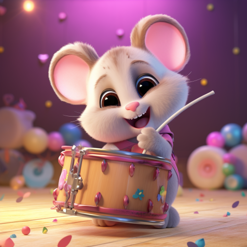 Colorful baby mouse drumming on a drum