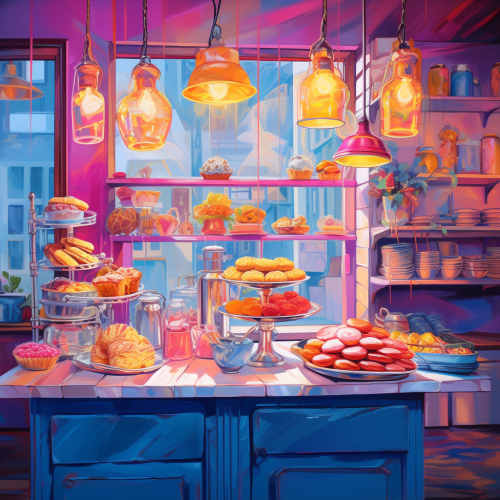 Colorful Bakery Kitchen with Lamp, Bread, and Cake