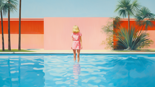 Colorful art print of a woman on a beach pool surrounded by palms