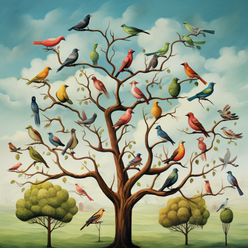 Colorful Birds on Healthy Tree