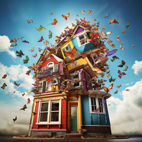 Colorful crooked house with butterflies and birds