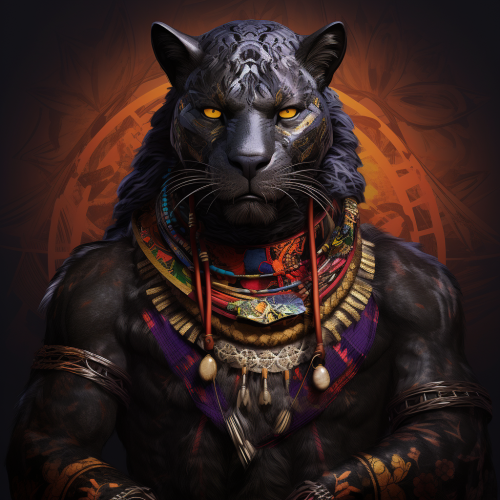 Anthropomorphic black panther and wolf hybrid with vibrant hippy vibes