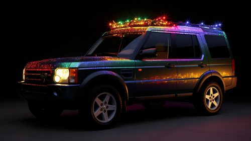 Colorful Land Rover with Christmas Lights