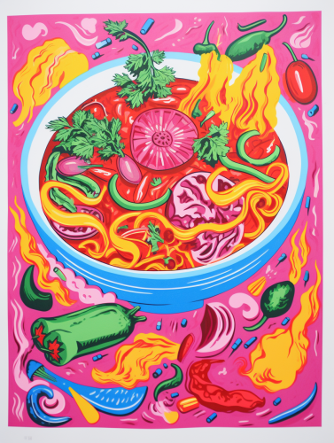 Vibrant risograph goulash dish