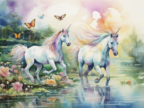 Beautiful unicorns surrounded by colorful butterflies