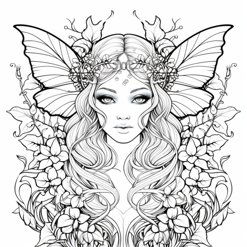 Coloring book elf with leaves, butterflies, and flowers