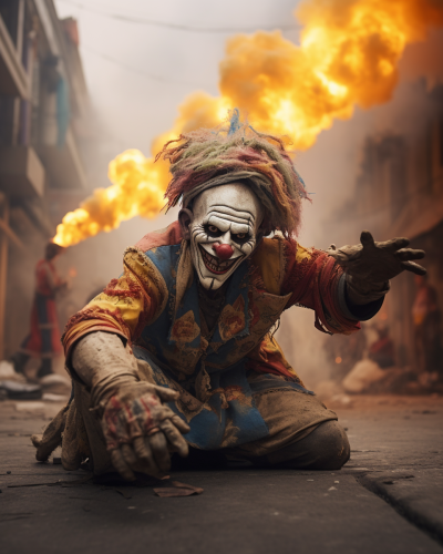 Colossal clown doing yoga on Mexican street during sandstorm