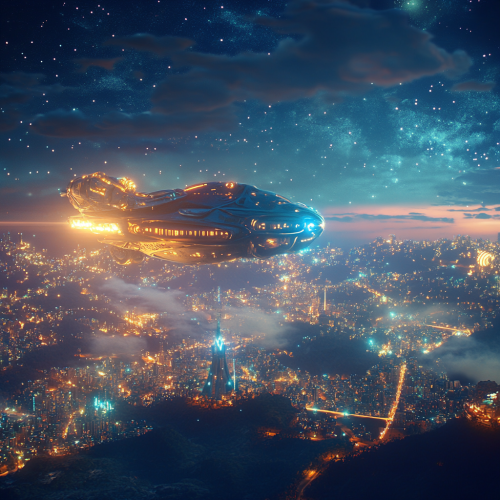 Spaceship flying in night sky Spaceship flying in night sky