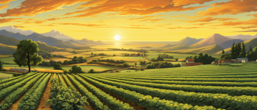 Vibrant farm valley at sunset