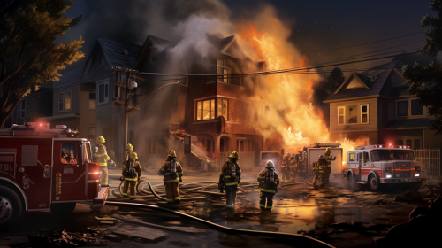 Firefighters and residents working together during emergency Firefighters and residents working together during emergency