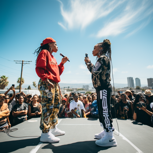 Two African American female rappers in intense battle Two African American female rappers in intense battle