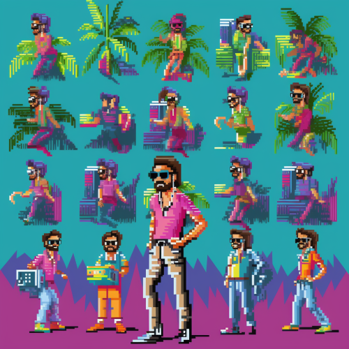 Pixel art of computer nerd in 80s Miami