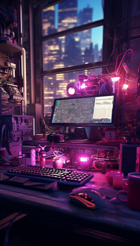 Computer parts and sensors on desk with monitor