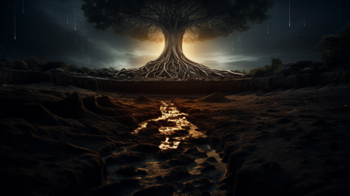 Mystical germinating seed underground in conceptual art