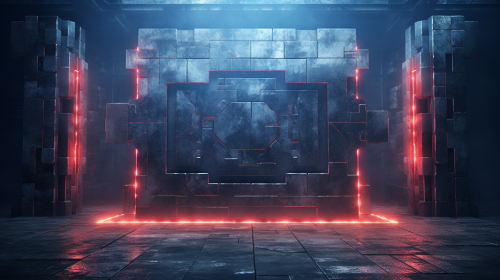 Intricate holographic symbols on concrete wall