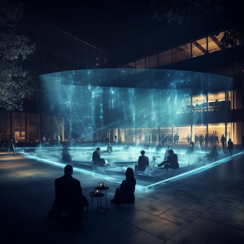 Futuristic conference center with hologram AR technology